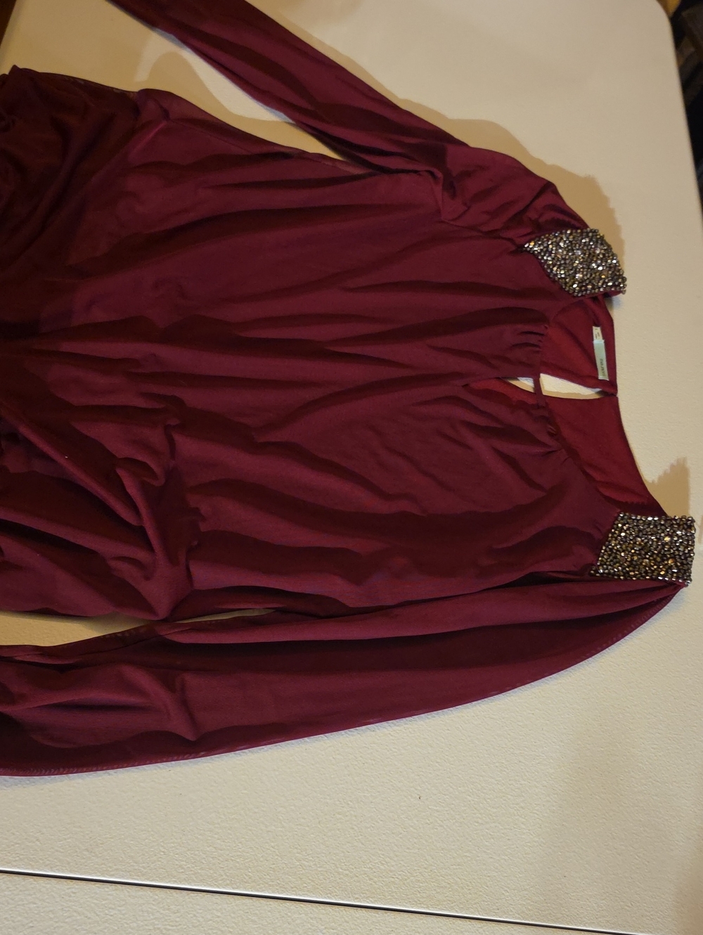 Maurices Burgundy Long-Sleeve Top with Jeweled Neck Accents